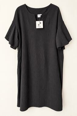 Cozy Co Black Midi Shift Dress L Flutter Sleeve Pockets NWOT Minimalist